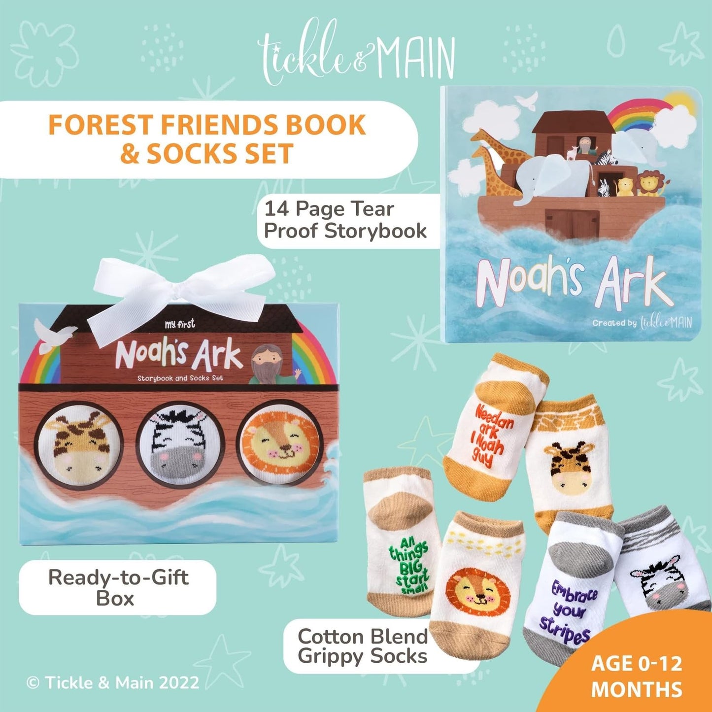 Tickle & Main Noah's Ark Bautismo Regalos para niños Juego de libros y calcetines - 0-12 meses, 4 piezas - Esencial para bautismo y libro de cuentos Combo