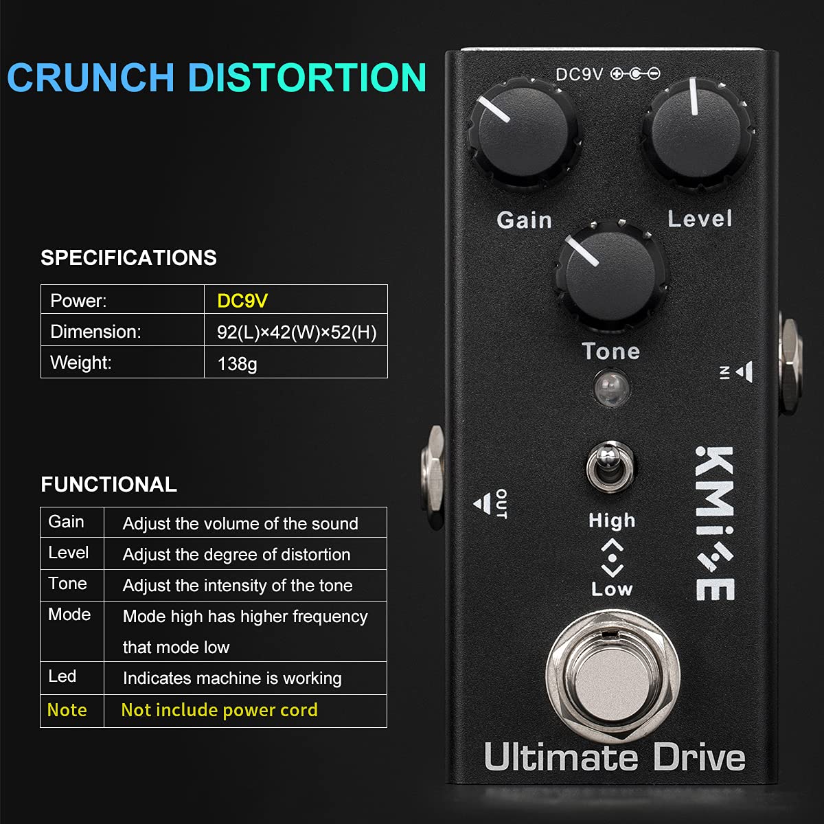 lotmusic Pedal de efectos de guitarra eléctrica Mini tipo único DC 9V True Bypass (Ultimate Drive)