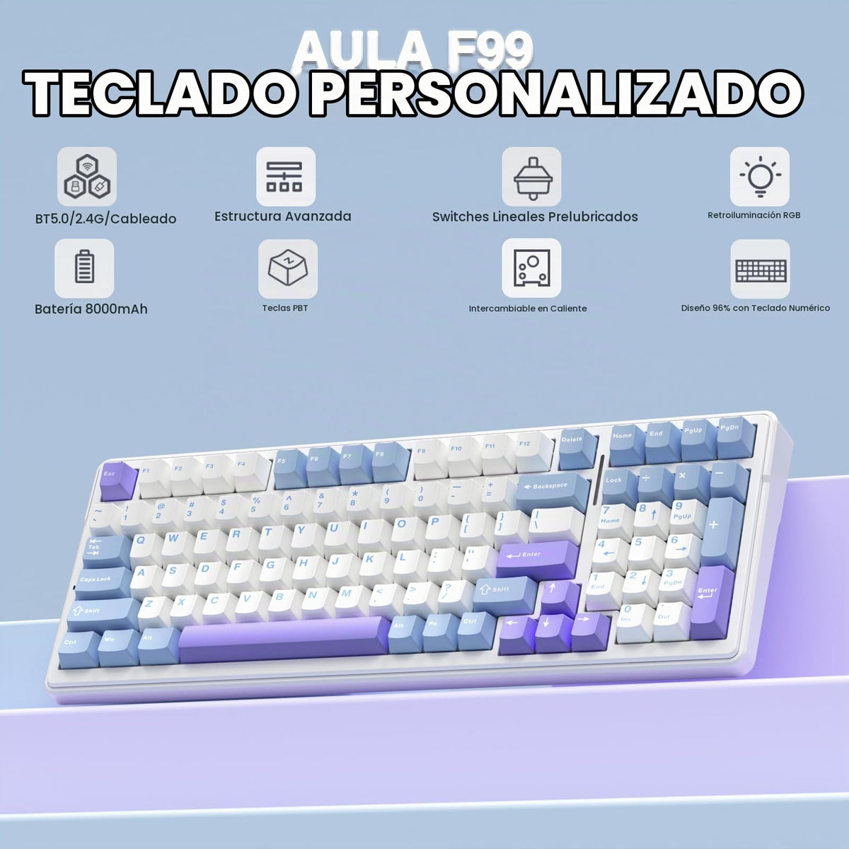 Teclado Mecánico Inalámbrico Aula F99 RGB Personalizable para PC/Tablet/Xbox/PS4/PS5