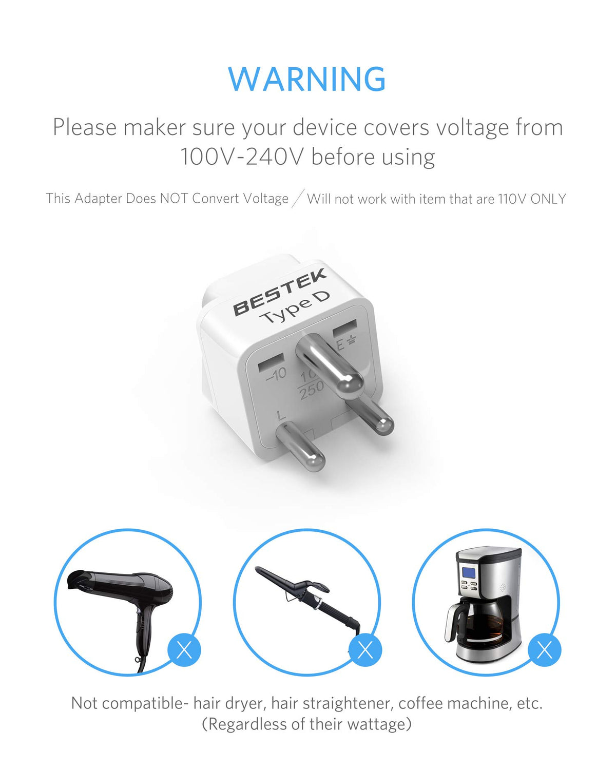 Adaptador Universal de Enchufe de Viaje BESTEK India Paquete de 3