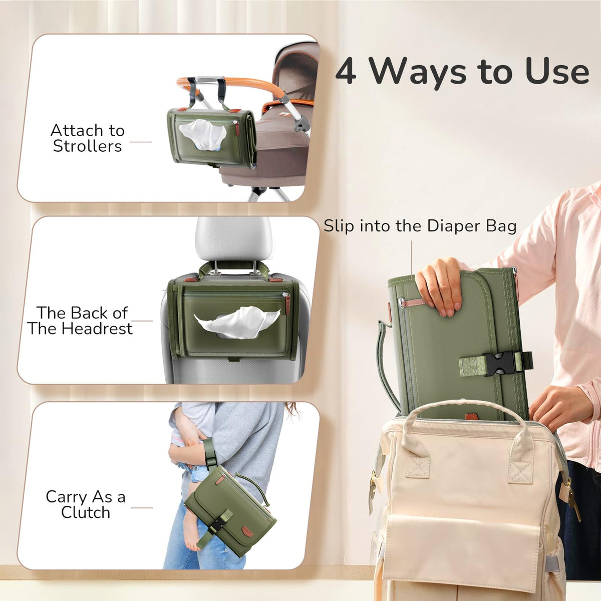 Cambiador Portátil de Pañales con Correa para el Hombro, Cambiador de Viaje Desmontable con Bolsillo para Toallitas para Bebé, Regalos para Baby Shower, Niñas Recién Nacidas y Niños (verde Militar)