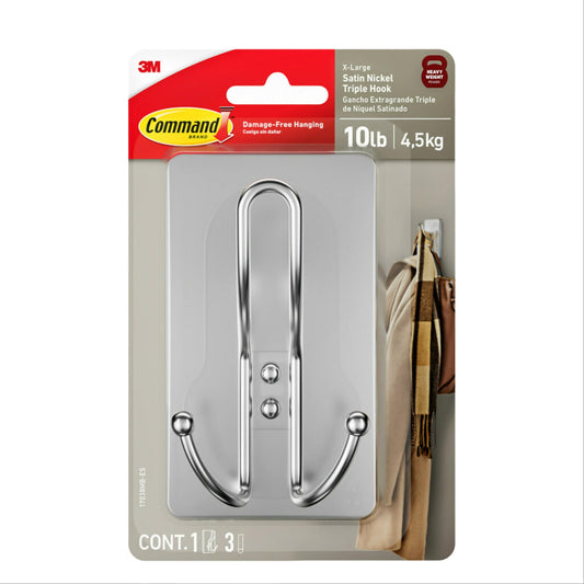 Command - Gancho Triple de níquel Satinado XL, 1 Gancho, 3 Tiras, Ganchos de Pared para Colgar sin daños con Tiras Adhesivas, Ganchos de Pared sin Herramientas para Colgar Decoraciones en Espacios