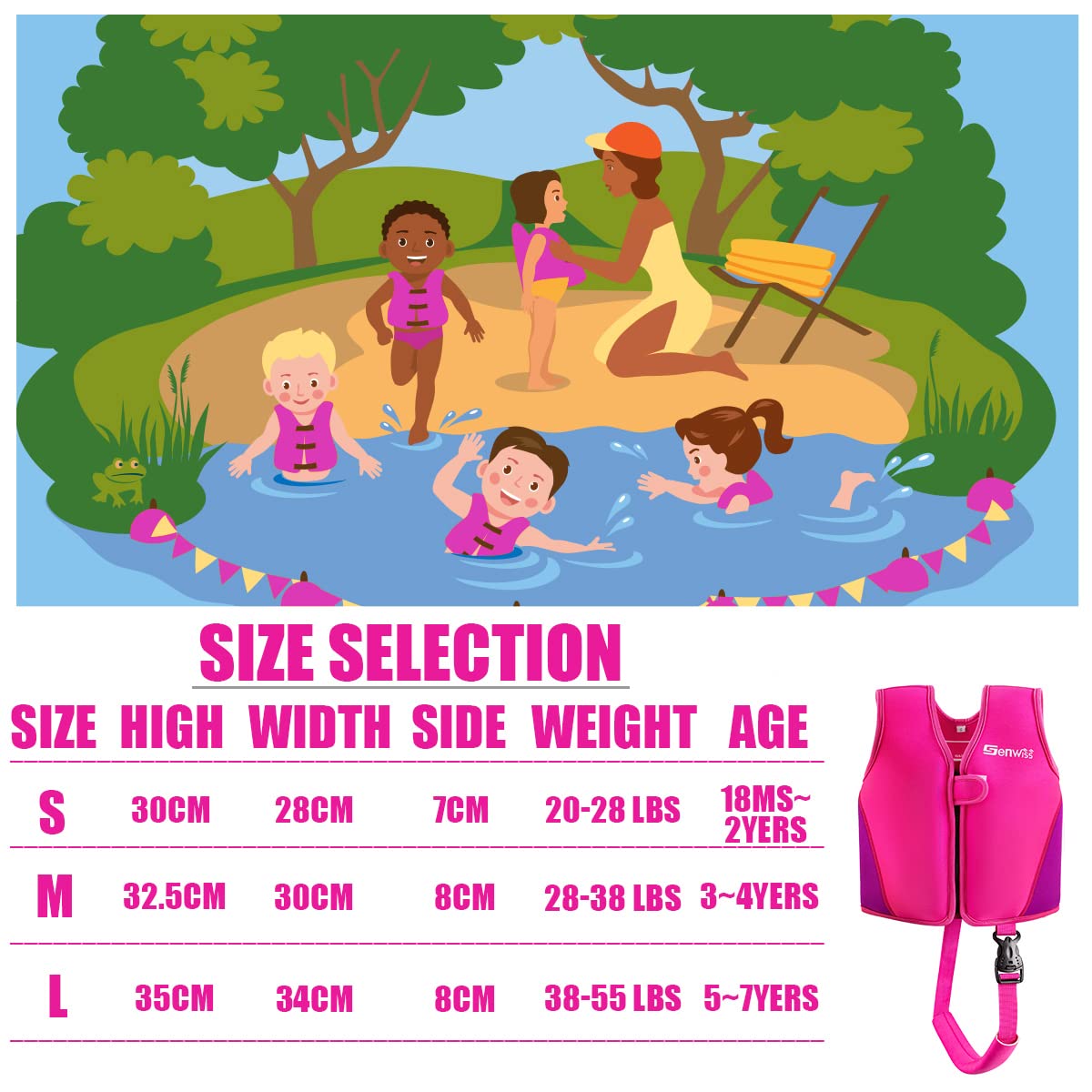 Genwiss Baby Girl Swim Vest Toddler Swim Vest for Age 18 Months - 2 Years Baby Toddler Fit 20-28 lbs, Size Small, Pink