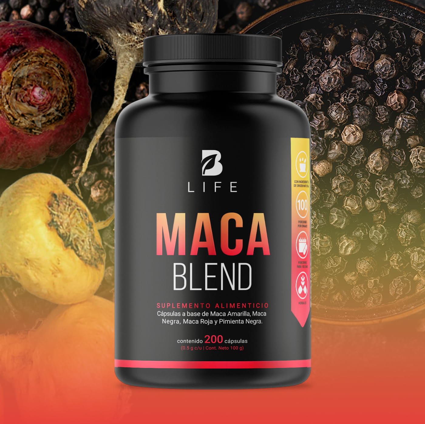 Complejo de Maca 200 Cápsulas 1000 mg por porción. Amarilla, Negra, Roja y Pimienta Negra. Ingredientes naturales. Maca Blend.