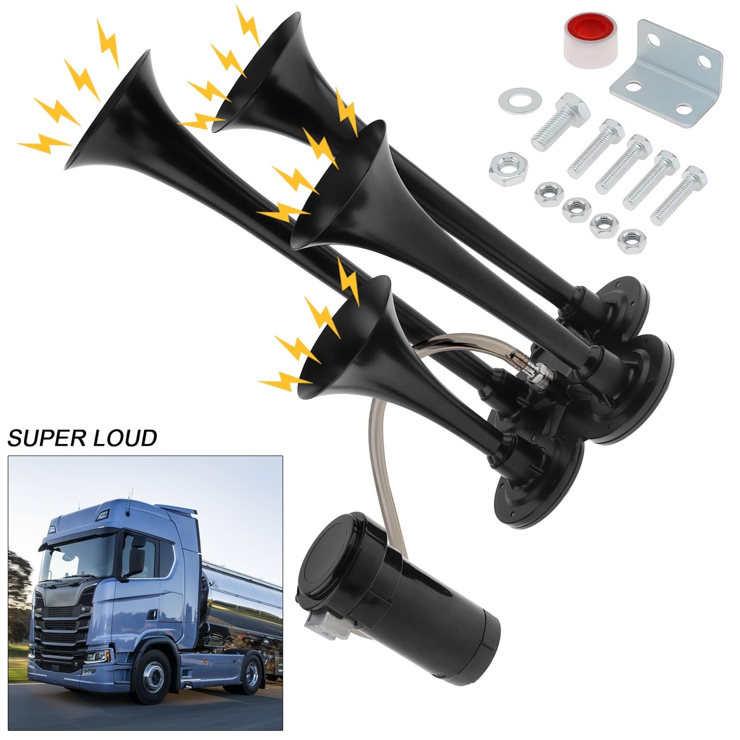 DriSentri - Kit de bocinas de tren, 4 trompeta, bocinas de tren superfuertes de 12 V 185 dB para camionetas, cuatro bocinas de aire de trompeta con compresor para vehículos, camiones, camionetas,