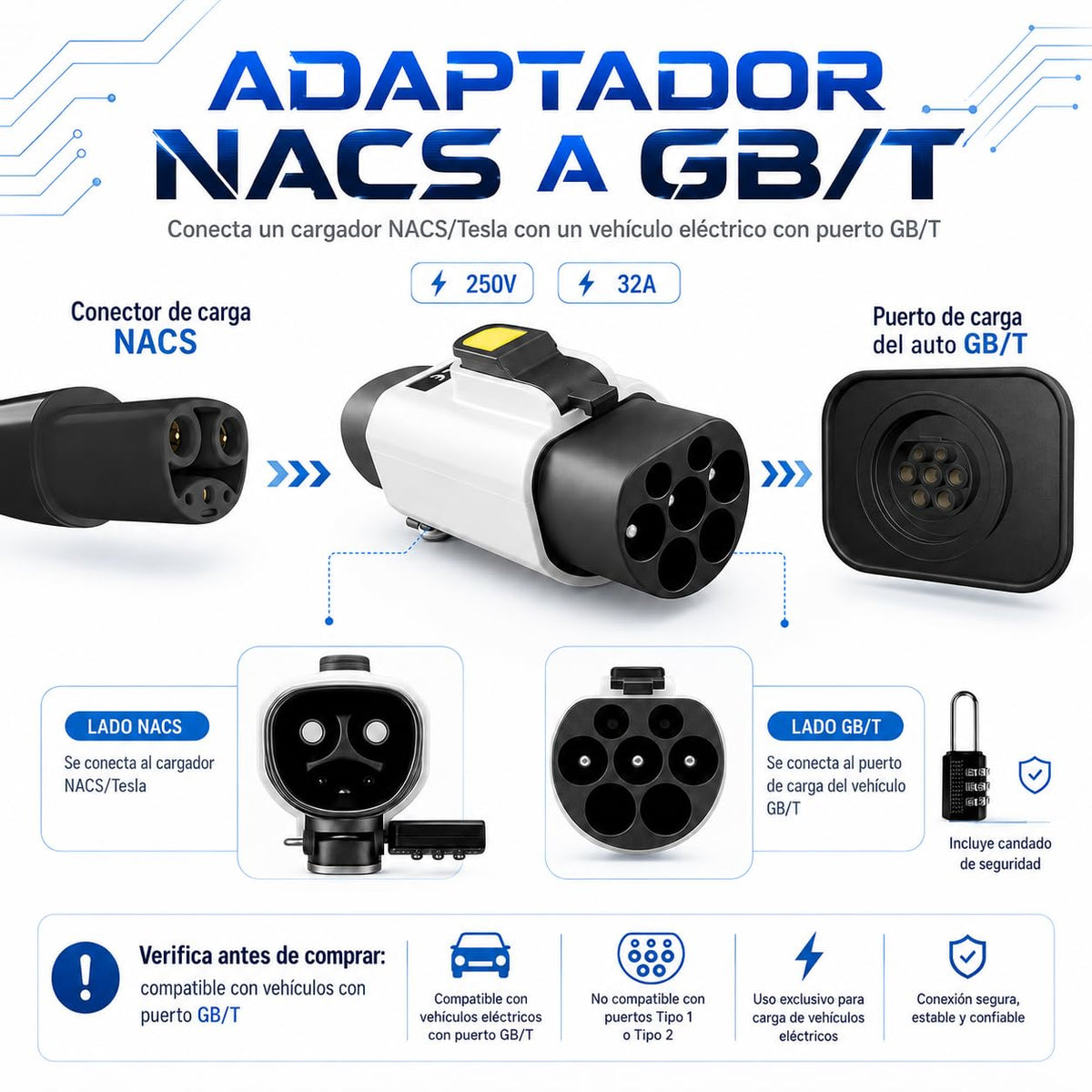 Adaptador de Carga AHFWGY Negro con Candado de Seguridad para Coches Eléctricos
