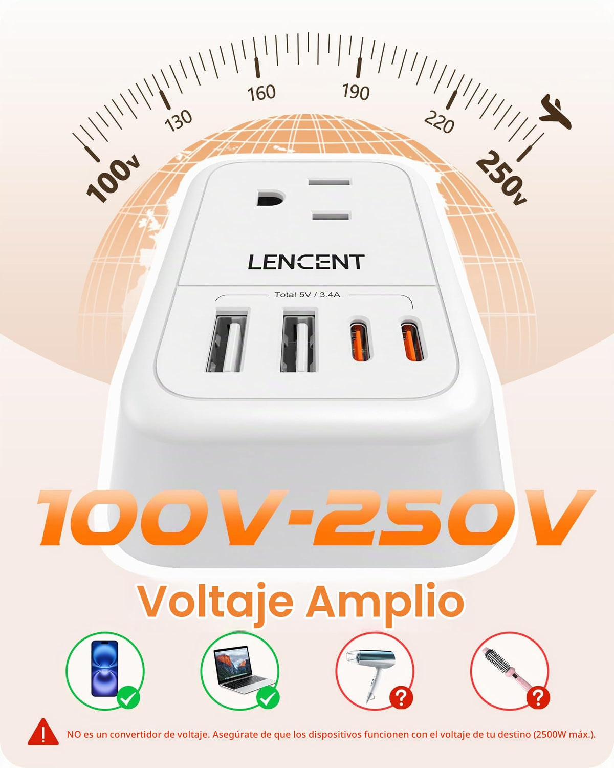 Adaptador de Viaje LENCENT Schuko Blanco con 4 Salidas CA