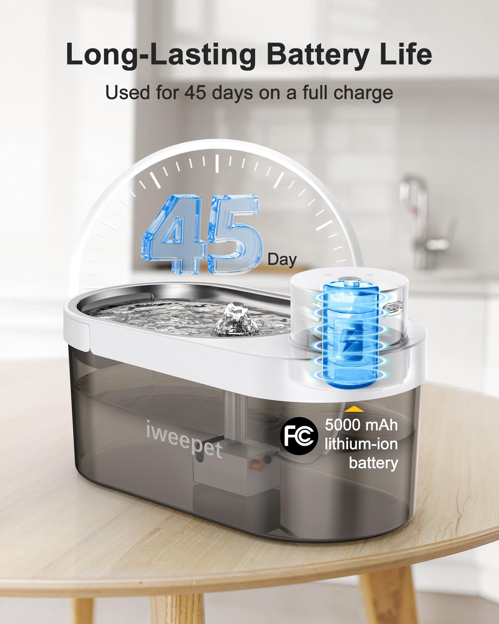 iweepet Fuente de agua para gatos inalámbrica y ultra silenciosa de acero inoxidable, fuente para mascotas que funciona con batería de 5000 AMH con 3 modos de flujo, fuente de agua de gran capacidad d