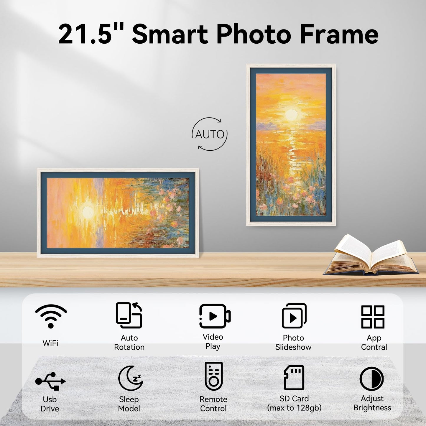 eco4life Marco de fotos digital WiFi de 21.5 pulgadas, marco de fotos digital electrónico con visualización IPS FHD de 1920 × 1080, rotación automática de 32 GB, control remoto, compartir fotos videos