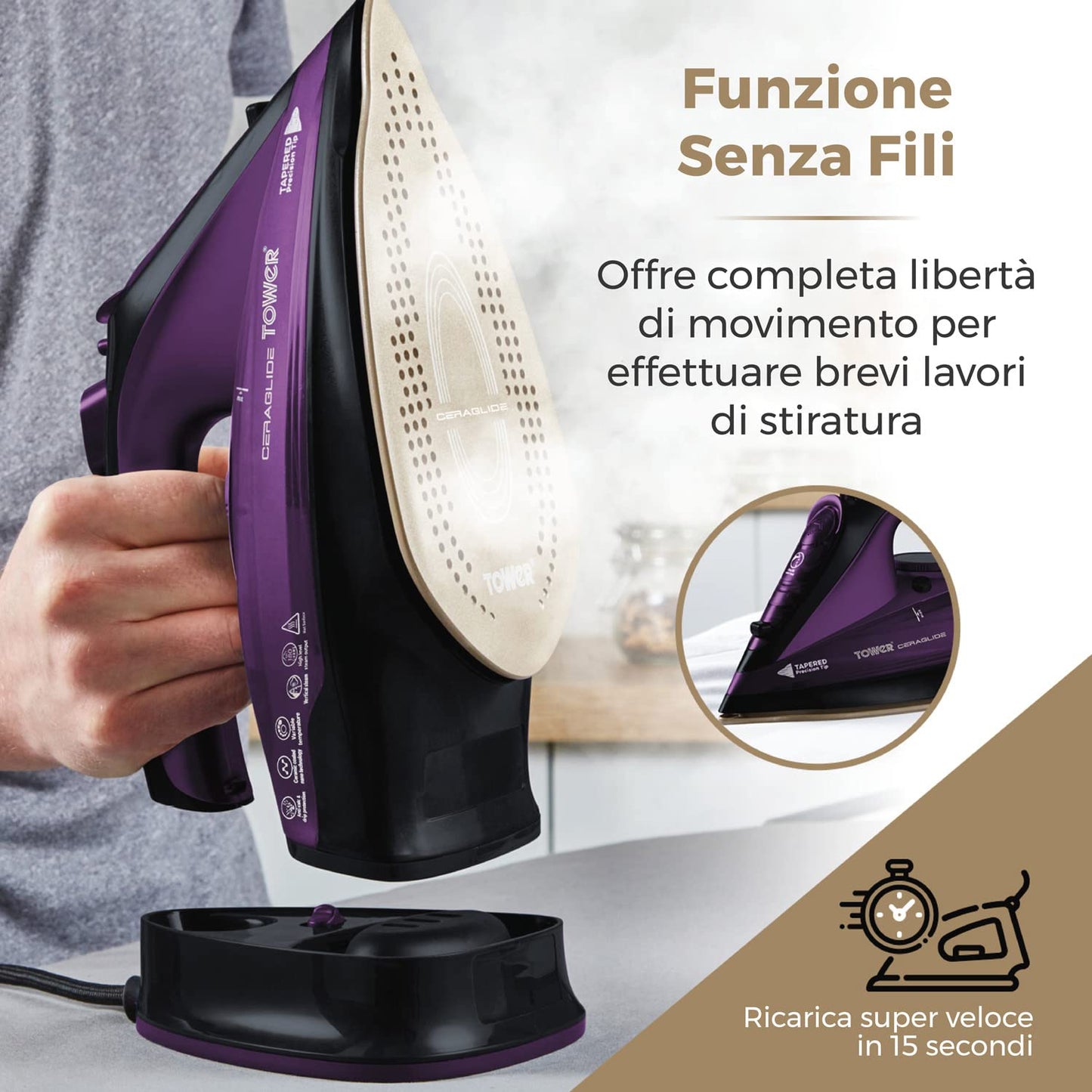 Plancha de Vapor Inalámbrica Tower CeraGlide morada con Suela de Cerámica y Vapor Variable