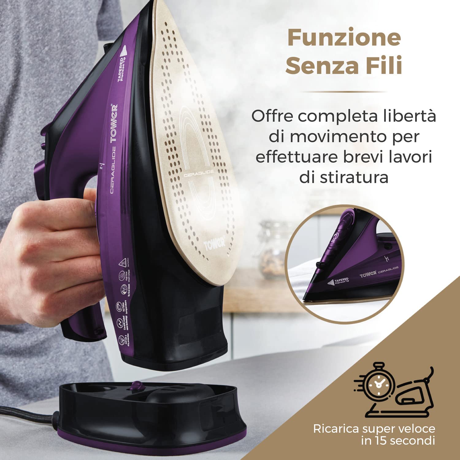Plancha de Vapor Inalámbrica Tower CeraGlide morada con Suela de Cerámica y Vapor Variable