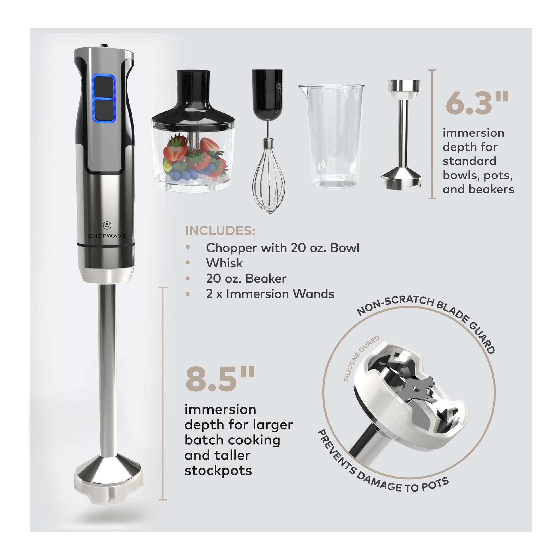 ChefWave - Batidora de inmersión intermixta de mano, 500 W 5 en 1, batidora de mano multiusos de 9 velocidades, vaso de 20 onzas, picador de 20 onzas, batidor de huevo, varitas de inmersión de 6.3