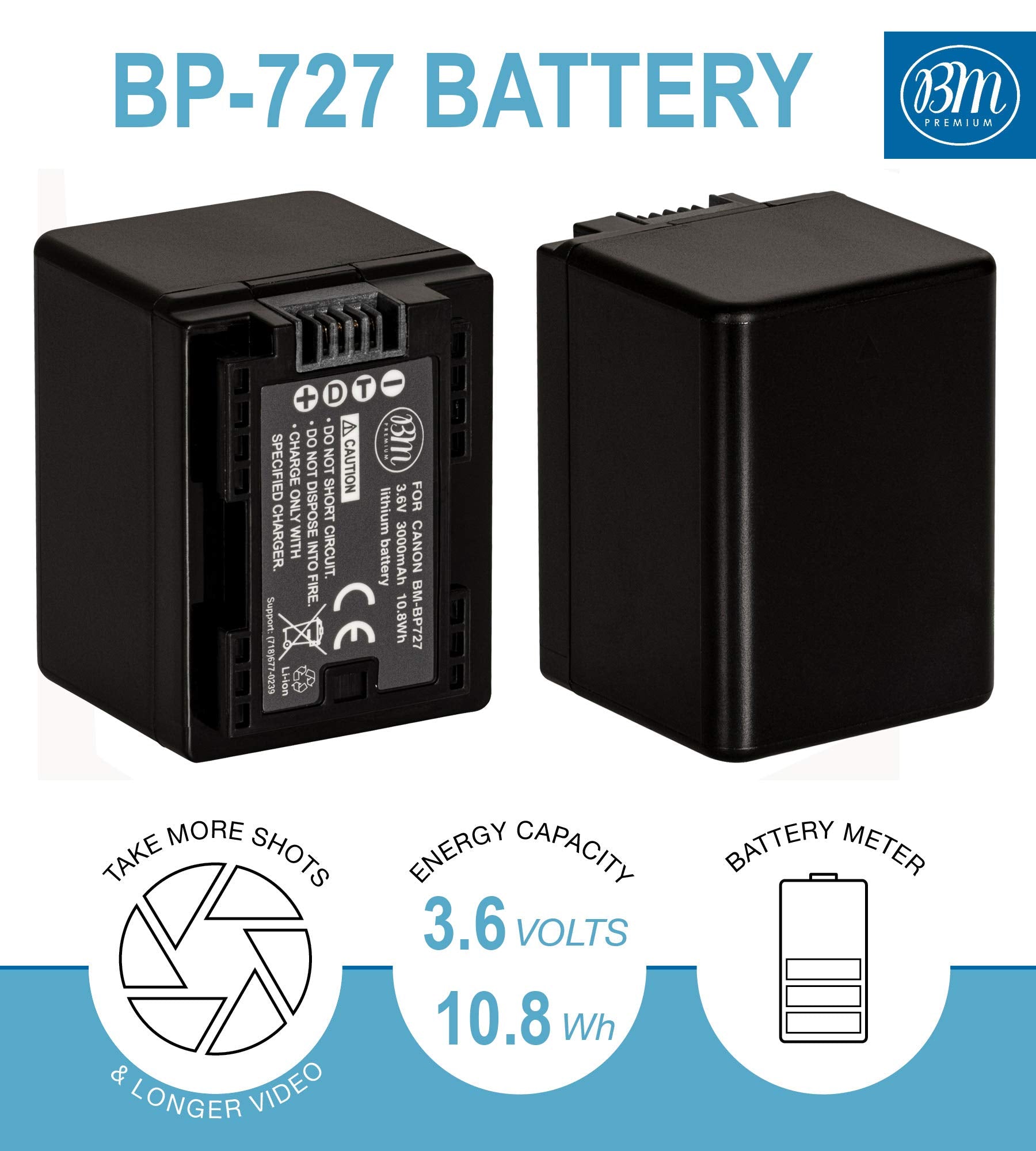BM Premium Fully Decoded BP-727 Battery for Canon Vixia HFM50, HFM52, HFM500, HFR30, HFR32, HFR300, HFR40, HFR42, HFR400, HFR50, HFR52, HFR500, HFR60, HFR62, HFR600 Camcorder + More!!!