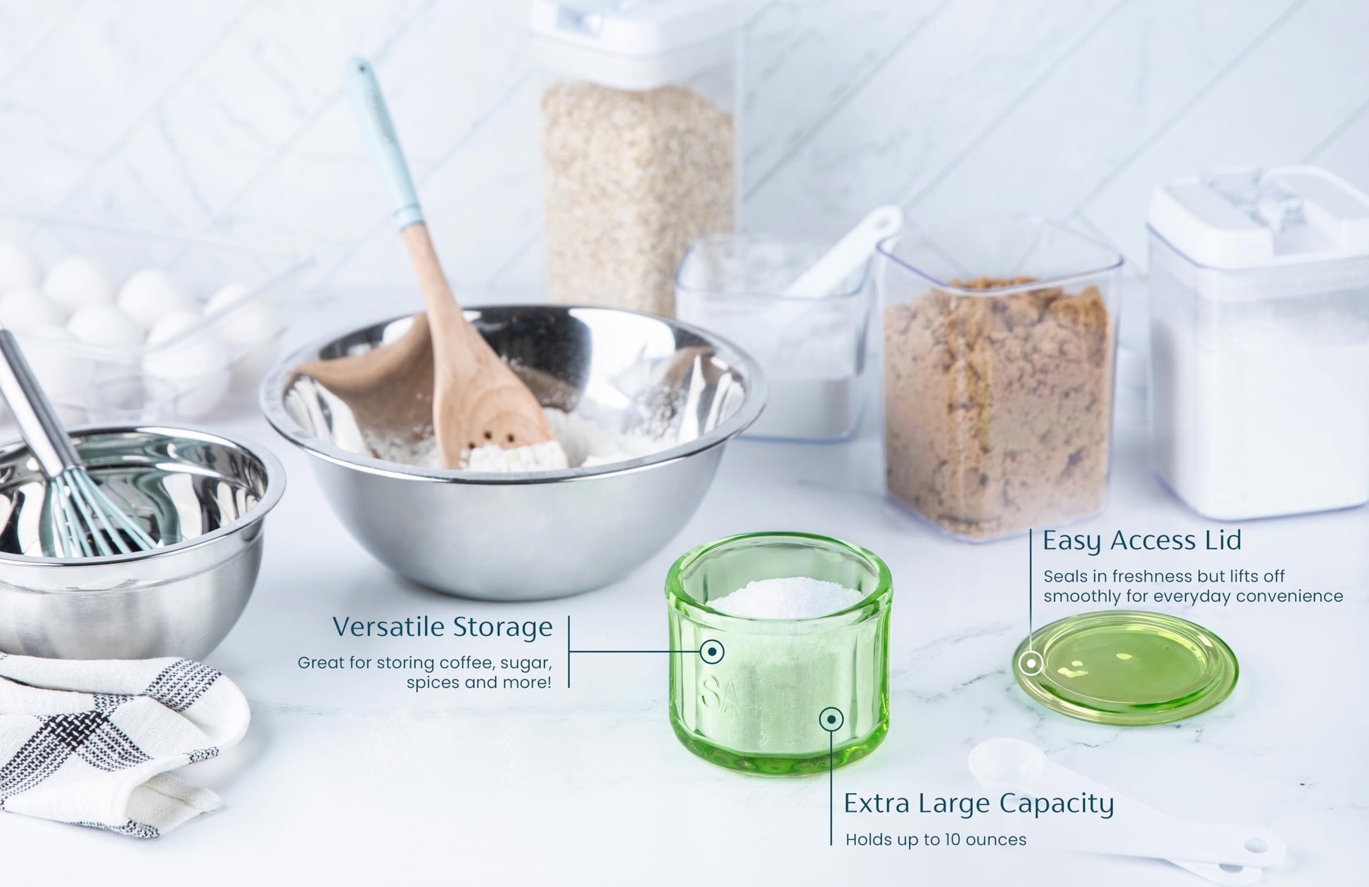KooK - Bodega de vidrio con tapa, vidrio prensado en relieve, recipiente de almacenamiento transparente, para café, azúcar, especias y caramelos, 10 onzas (verde lima)