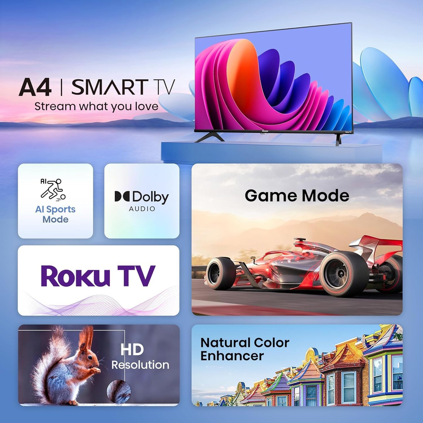 Hisense 32 Pulgadas Clase A4 Series HD 720p Smart Roku TV con compatibilidad Alexa (32A4HNR) - Dolby Audio, diseño de Bisel Delgado