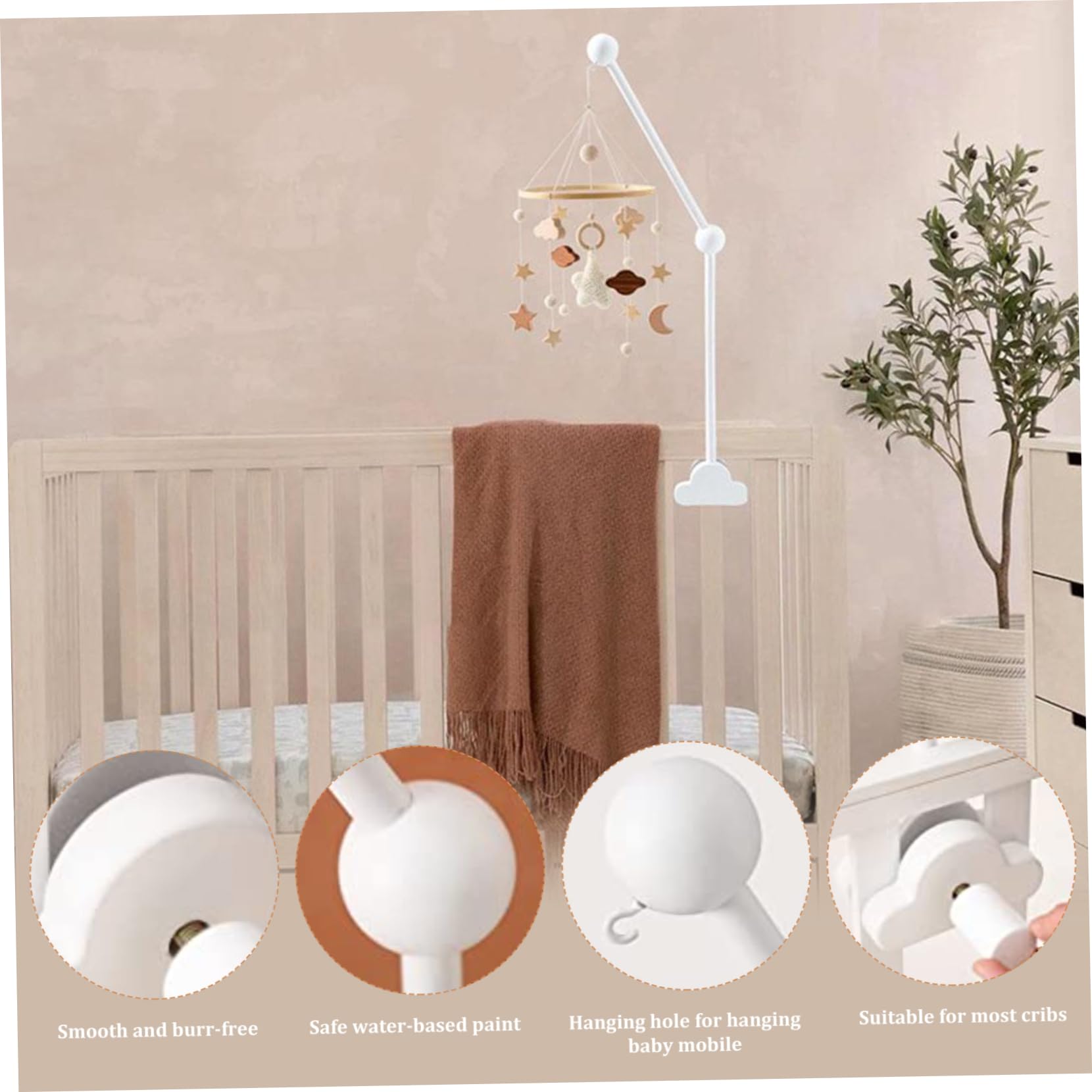 Brazo móvil para cuna, cuna de bebé brazo móvil 27.17 pulgadas Diseño de nube de madera soporte ajustable ajustable lindo timbre de la cama de la cama sopor del colgador de viento