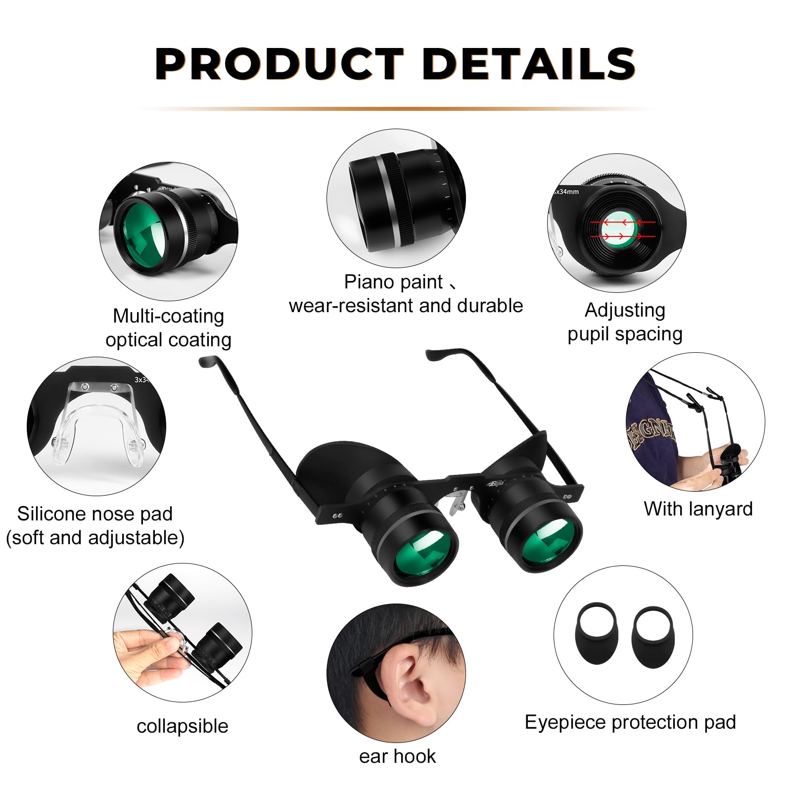 BIJIA 3X anteojos binoculares de ópera, manos libres, anteojos perezosos prismáticos, ligeros para pesca, observación de aves, televisión, deportes, conciertos, teatro y turismo, para adultos, hombres