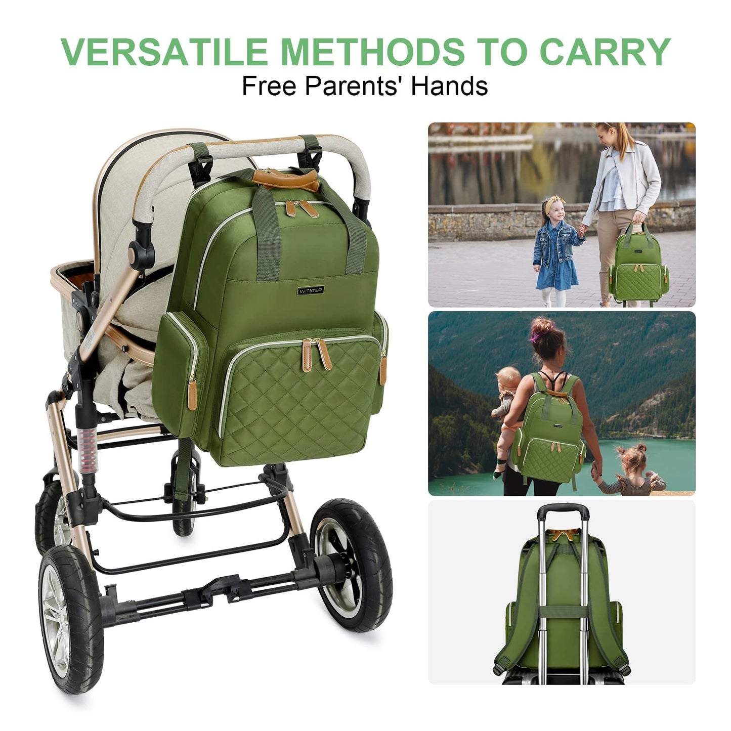 WITSTEP - Mochila para pañales con estación de cambio, organizador de pañales para bebés, para mamás, papás, bolsas grandes para cambiar de bebé, Verde, Mediano, Mochila para pañales con cambiador