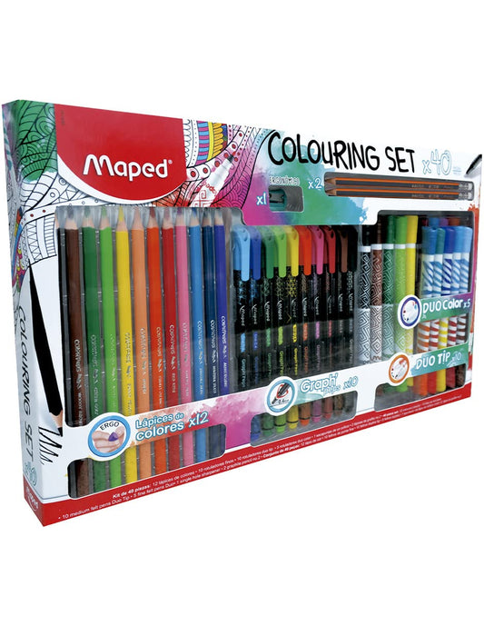 Maped - Set de Coloreo - 12 Colores Color'Peps - 10 Rotuladores finos Graph'Peps - 5 Plumones Bipunta Color'Peps, 5 Plumones Duo Colors, 1 Sacapuntas vivo, 2 Black'Peps Lápiz de grafito