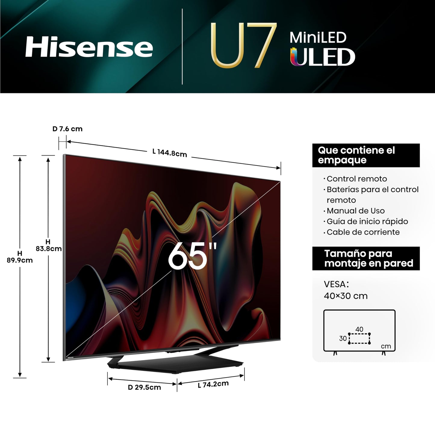 Hisense Television U7N Pantalla 65 Pulgadas,Mini-LED Smart Google TV UHD 4K,Control Remoto por Voz con Alexa,Modo de Juego Pro de 144 Hz,Hi-View Engine Pro,Subwoofer Incorporado