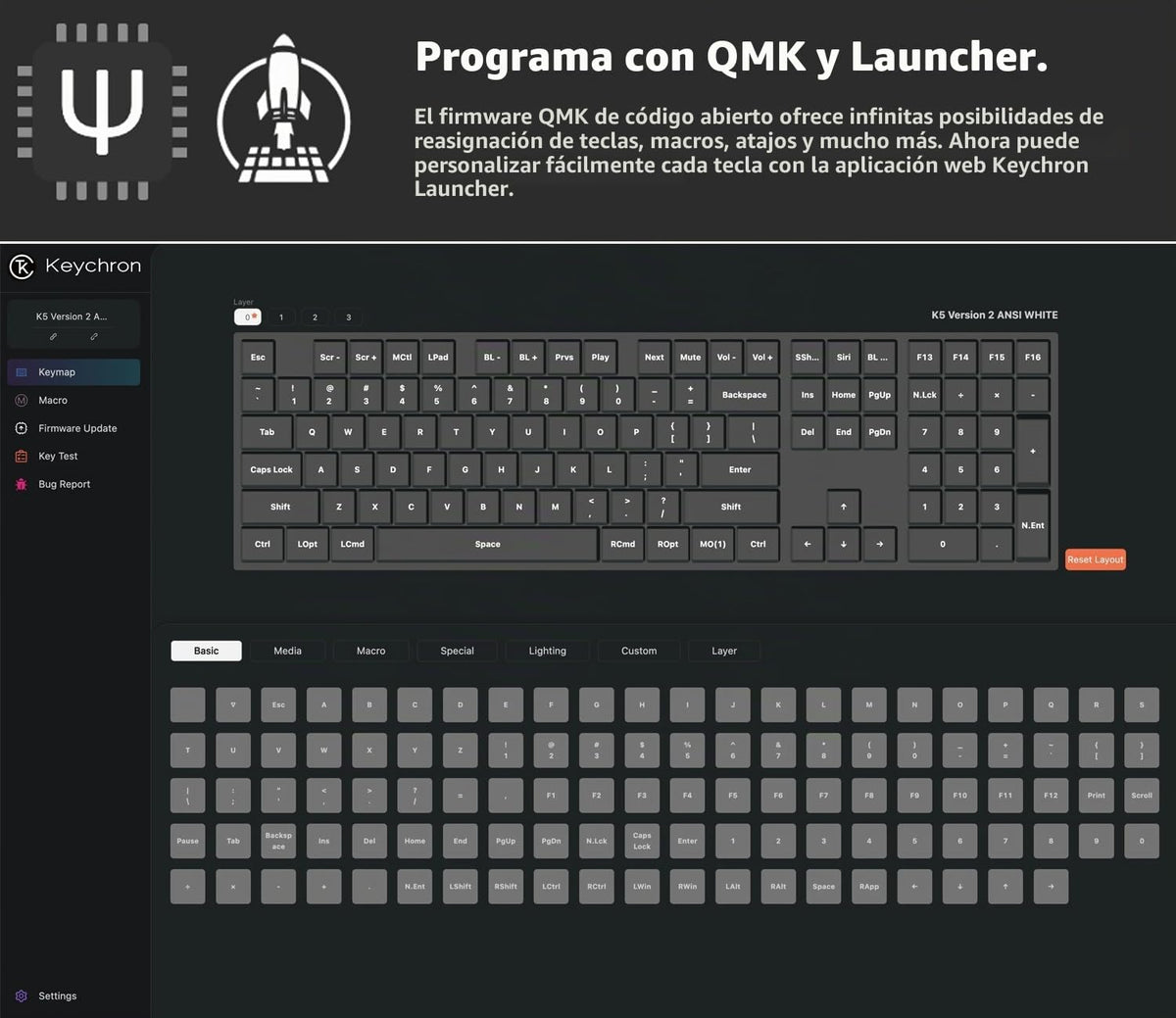Teclado Mecánico Keychron K5 QMK Ultradelgado LED Blanca Bluetooth Interruptores Rojos 104 Teclas para Mac/Windows/Linux ES Layout Versión 2
