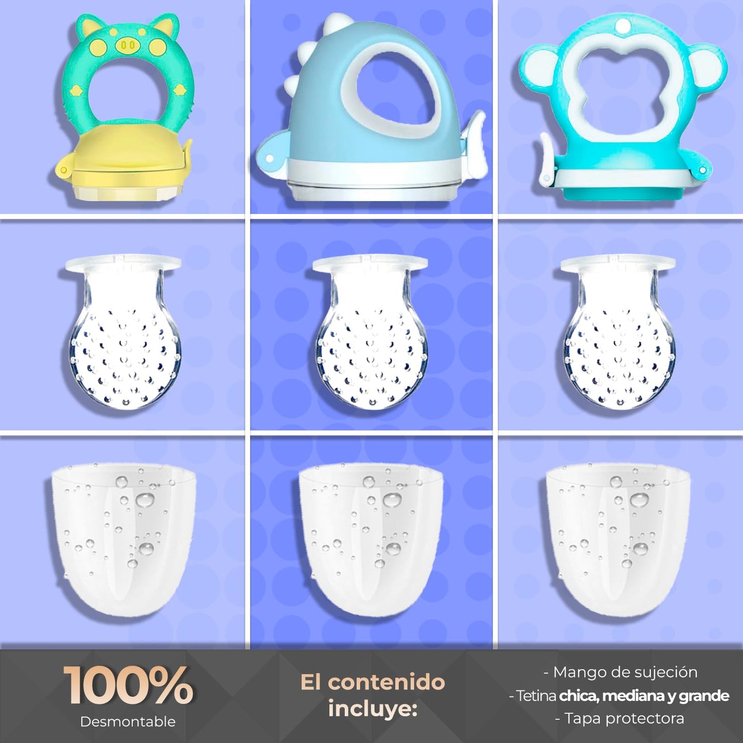 Chupones alimentadores para frutas y papillas con tapa libre de bpa, dibujos animados, 4m+ 3 piezas (dino azul / monkey azul / pig verde amarillo)