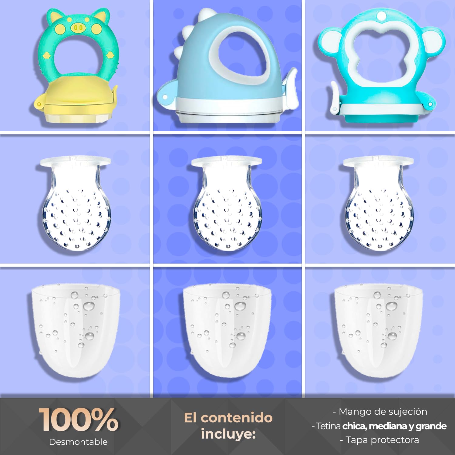 Chupones alimentadores para frutas y papillas con tapa libre de bpa, dibujos animados, 4m+ 3 piezas (dino azul / monkey azul / pig verde amarillo)