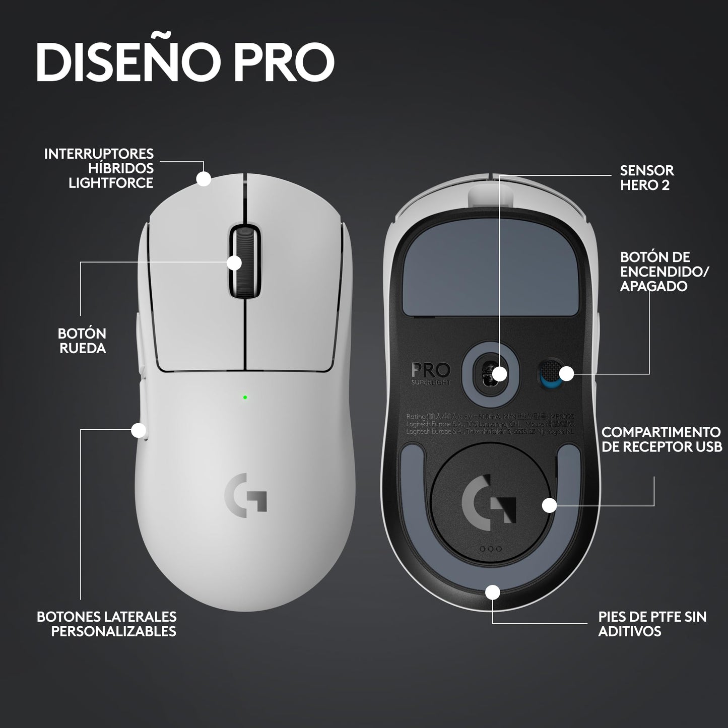 Logitech G Pro X Superlight 2 Lightspeed Mouse Inalámbrico de Juegos, Ligero, Interruptor Híbrido LIGHTFORCE, Sensor Hero 2, 32,000 dpi, 5 BOT. Programables, Carga USB-C, PC y Mac - Blanco