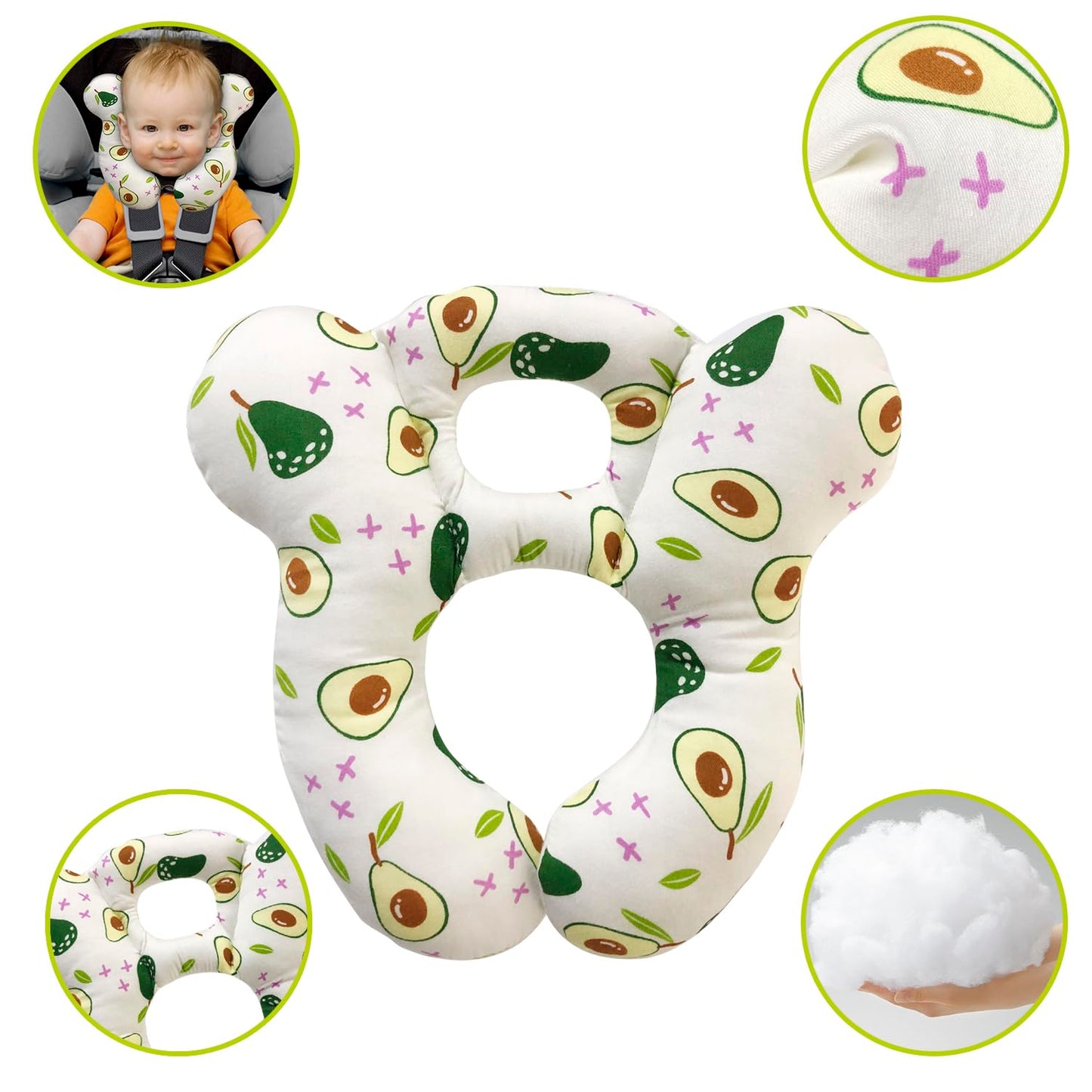 Almohada de viaje para bebé, cojín suave y agradable a la piel para asiento de coche, carriola y carriola (aguacate blanco)