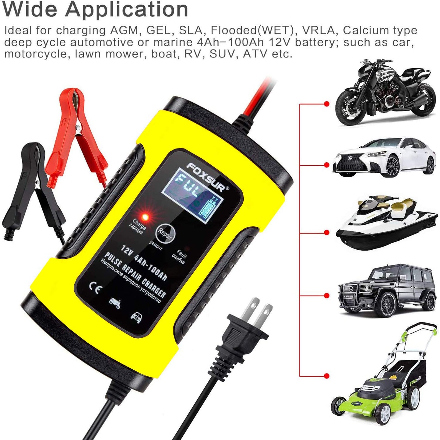 FOXSUR Cargador y mantenedor de batería de coche, 12 V 5 amperios, completamente automático, cargador de batería inteligente con visualización LCD, utilizado para cargar, mantener y reparar baterías