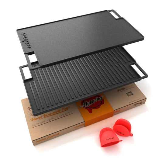 Plancha Reversible de Hierro Fundido NutriChef Roja para Cocina de Gas y Eléctrica con Guante de Silicona