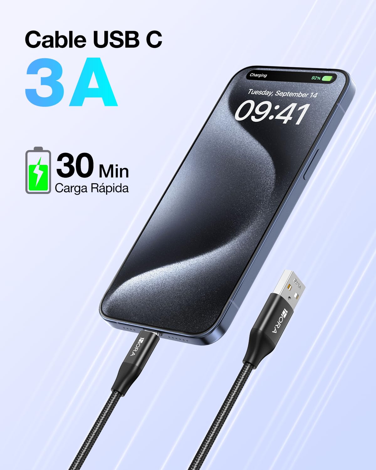Cable USB C a USB A 60W 3A Nylon Tejido 2M Carga Rápida