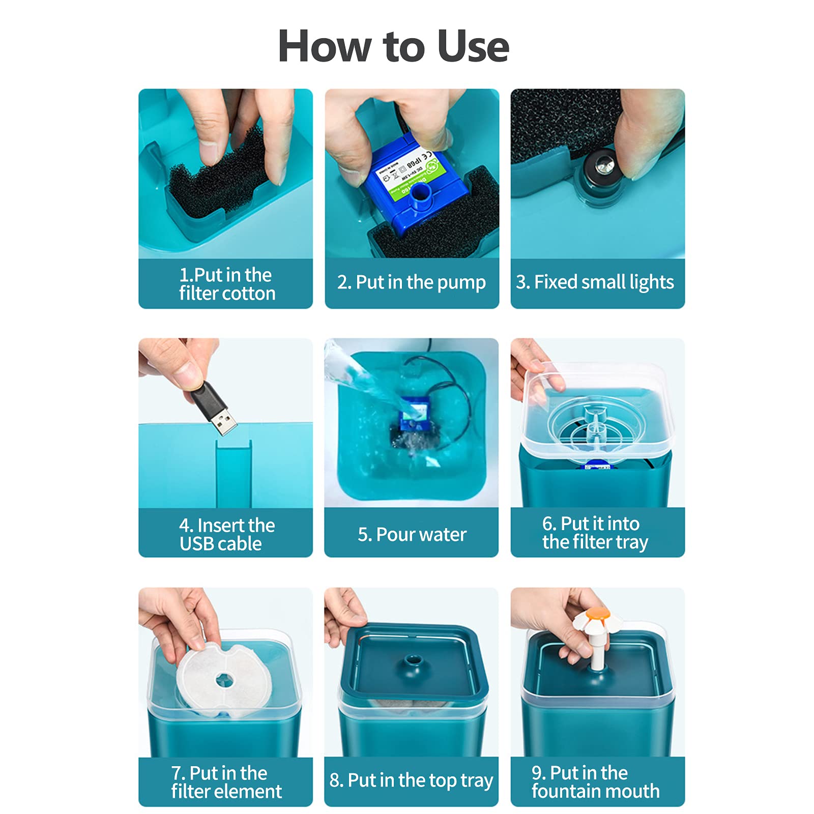 Feiniao Bebedero para Gato, 2L Fuente de Agua para Gato con Luz LED de Nocturna, 3 Modos de Agua, Dispensador de Agua para Gatos Mascotas y Perros Pequeños, Bomba Silenciosa, 2 Filtros de Algodón