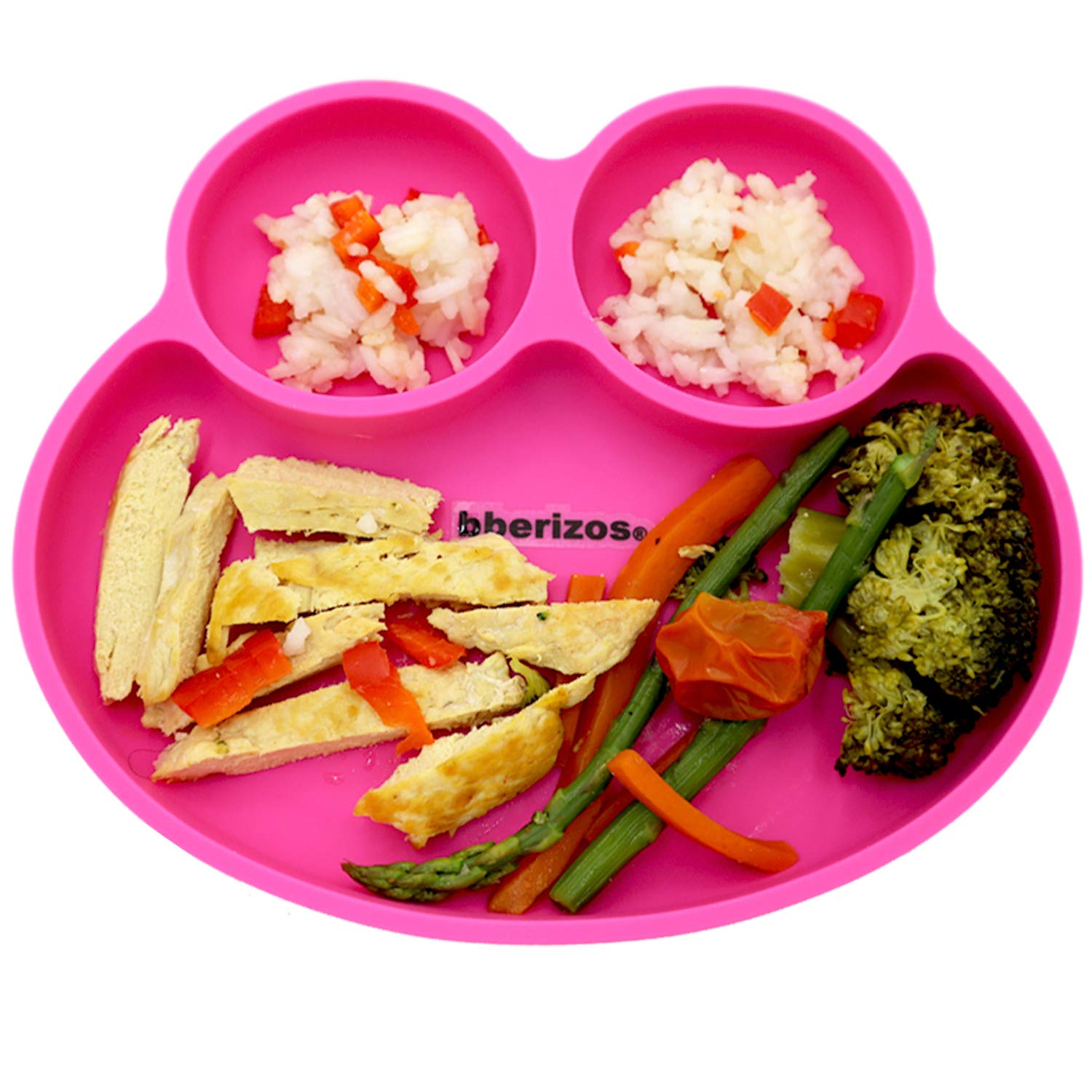 BBERIZOS Plato Antideslizante Cuchara Suave Encías Set Alimentación de Silicona para Bebe Infantil con Divisiones para Niños Grado Alimenticio para Papillas Alimentos Sólidos Snakcs Sin BPA Sin PVC (Fiucsa)