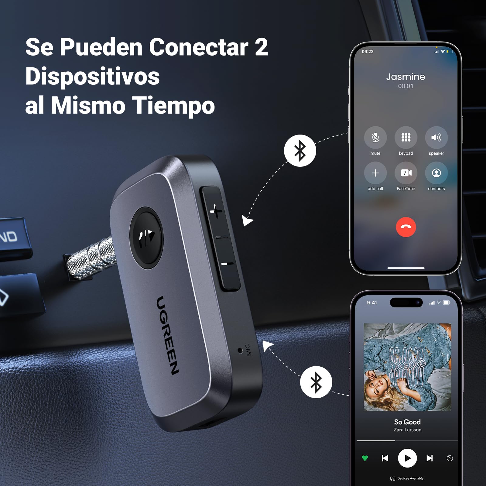 Receptor Bluetooth 5.3 UGREEN Negro con Micrófono para Coche y Llamadas Manos Libres