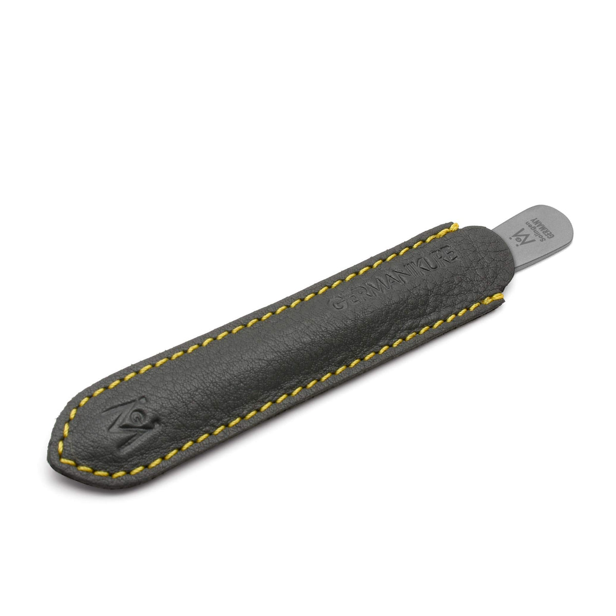 Stainless steel cuticle pusher in leather case. Made by GERmanikure in Solingen, Germany