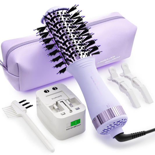 Secador de Pelo con Cepillo de Aire Caliente Doble Voltaje 2 Pulgadas Portátil para Viaje con Enchufe EU y UK