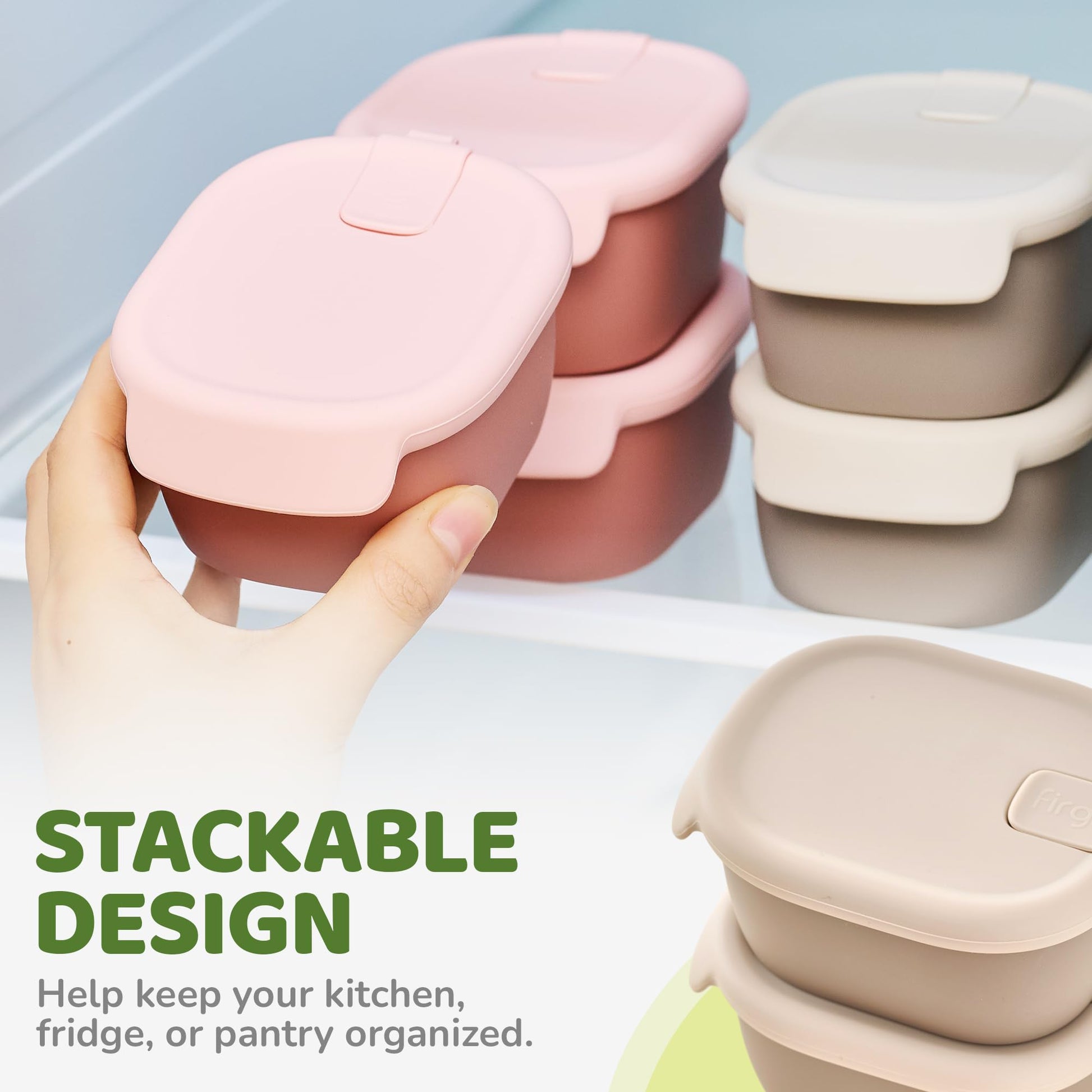 Firgi - Recipientes de silicona de almacenamiento de alimentos para bebés con tapa hermética, sin BPA, a prueba de fugas, aptos para microondas y lavaplatos, recipientes reutilizables para aperitivos