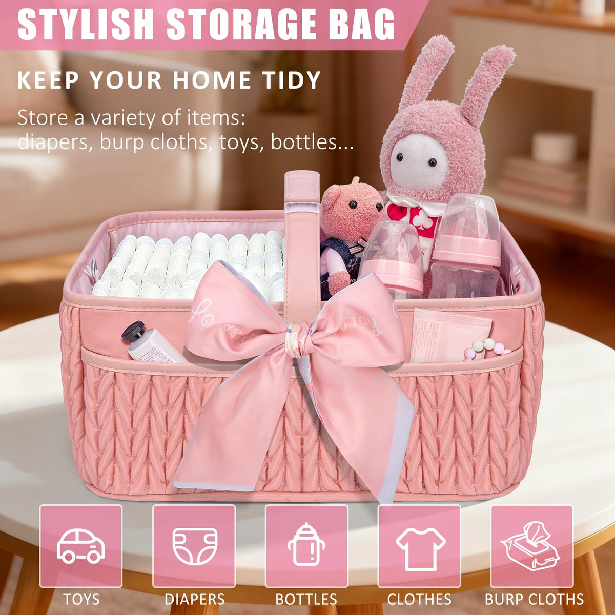 HLWDFLZ Organizador de pañales para bebé, Cesta Grande para pañales con Correa de Hombro Ajustable, Bolsa de Viaje portátil para automóvil con Clips para Cochecito, Esencial para recién Nacidos G