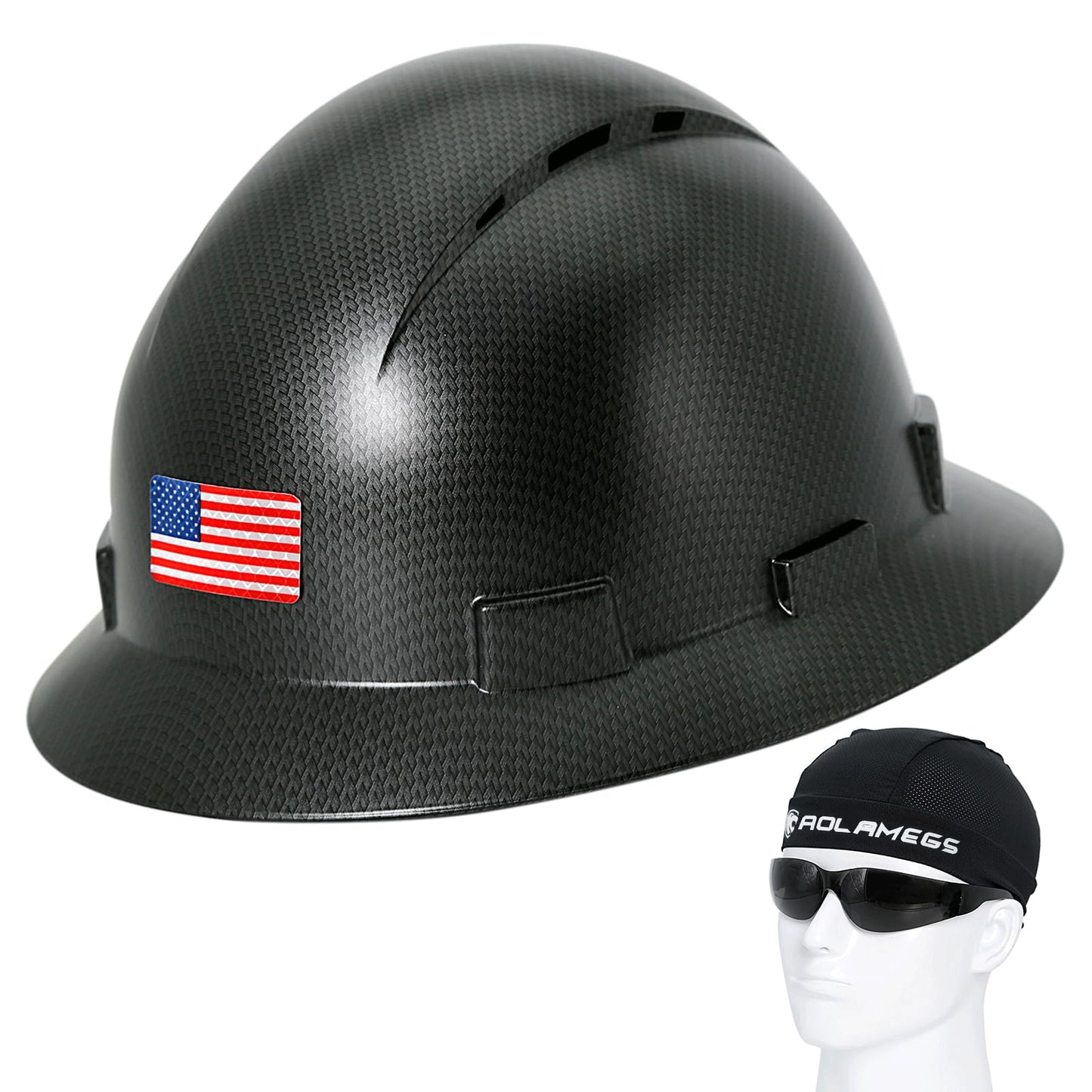 Casco de ala completa de fibra de carbono negro mate con gafas de seguridad y forro para hombres y mujeres, OSHA para construcción, seguridad con correa de barbilla y visera solar, perfil bajo