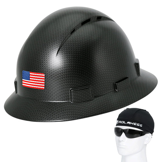 Casco de ala completa de fibra de carbono negro mate con gafas de seguridad y forro para hombres y mujeres, OSHA para construcción, seguridad con correa de barbilla y visera solar, perfil bajo