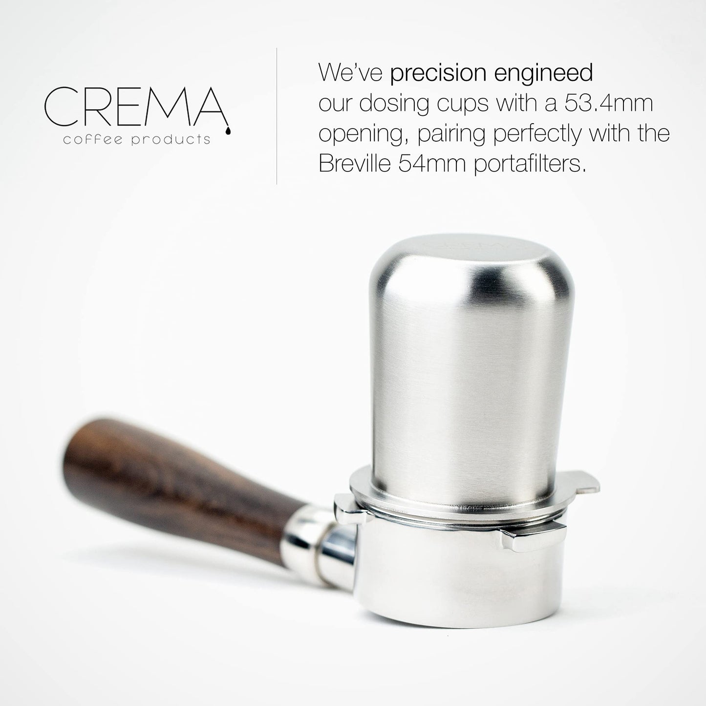 Crema Coffee Products | Taza dosificadora de 54 mm | Plata cepillada | Acero inoxidable 100% | Taza dosificadora de café espresso | Se adapta a portafiltros Breville de 54 mm