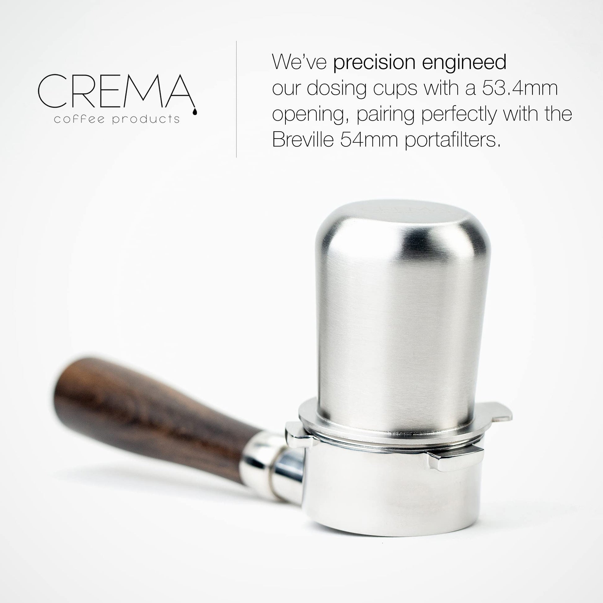 Crema Coffee Products | Taza dosificadora de 54 mm | Plata cepillada | Acero inoxidable 100% | Taza dosificadora de café espresso | Se adapta a portafiltros Breville de 54 mm