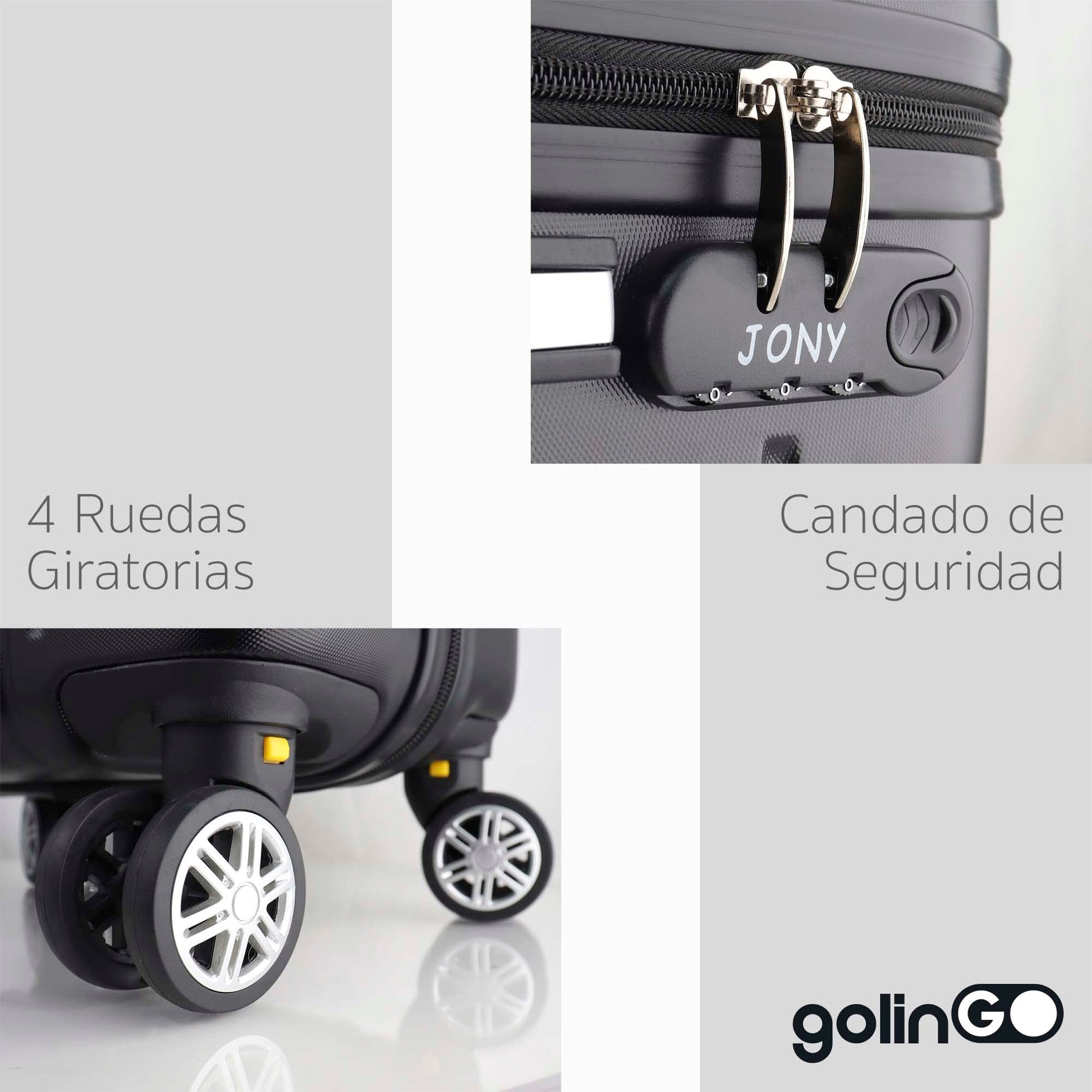 Maleta de Mano JONY Carry On Rigida Resistente Ruedas Giratorias 360 Mango Expandible ABS Candado de Seguridad (NEGRO)