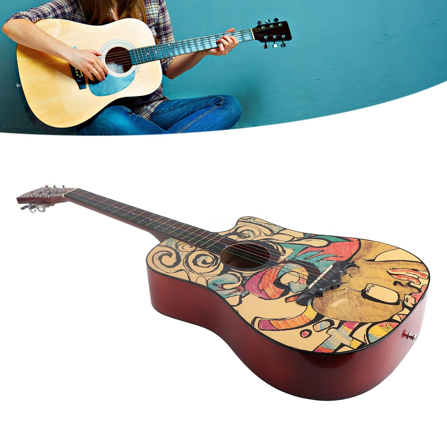 Guitarra AcúStica, Guitarra Acustica Clasica, Guitarra AcúStica para Principiantes, Guitarra Acústica de Diapasón de Alta Densidad con Patrón de Grafiti de 38 Pulgadas, para Principiantes, Adultos