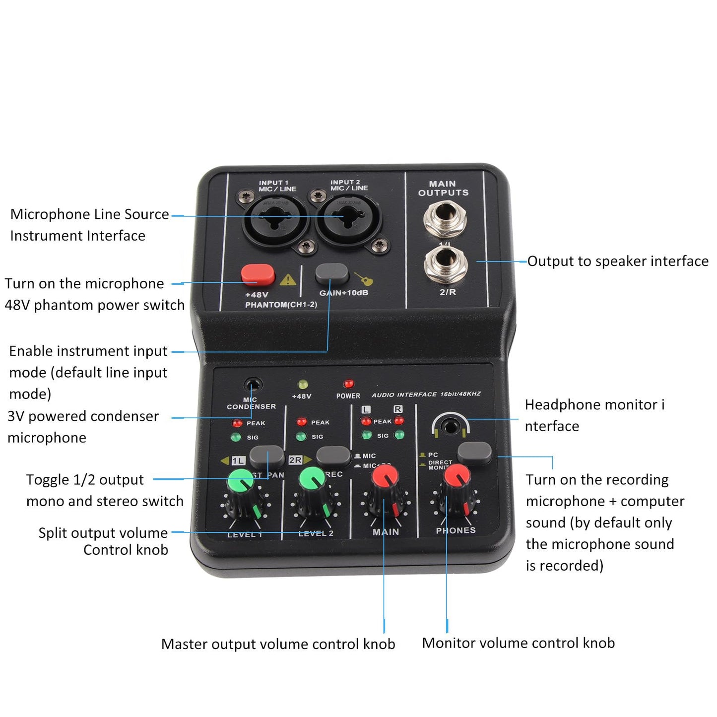 Chazcool Mezclador de Audio de 2 Canales, Consola de Mezcla de Sonido Compacta, Tarjeta de Sonido Usb, Phantom Power 48V, Control de Volumen Independiente, para Grabación de PC Música, Karaoke en Casa