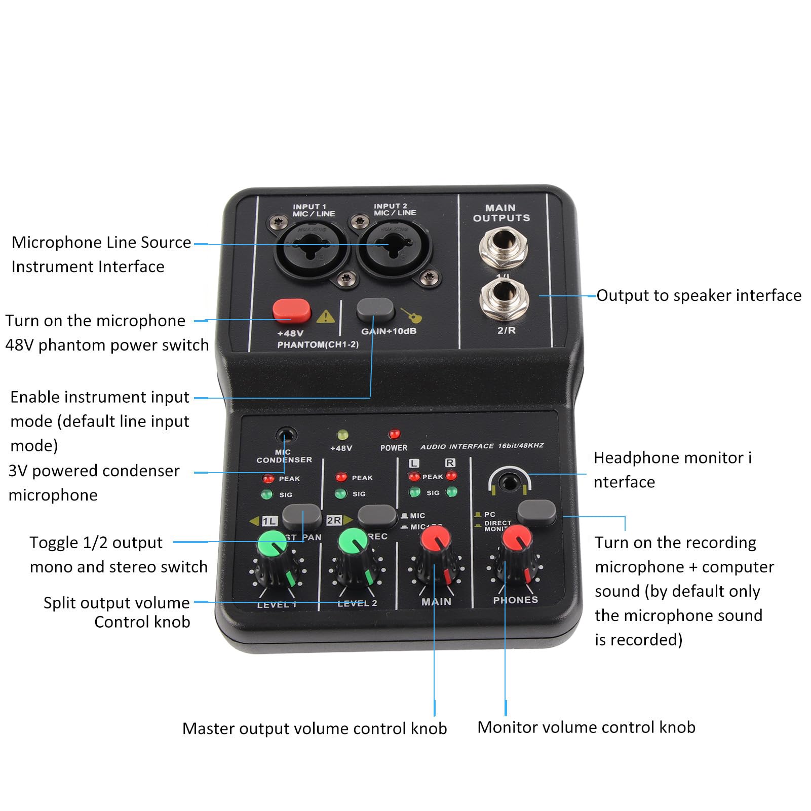 Chazcool Mezclador de Audio de 2 Canales, Consola de Mezcla de Sonido Compacta, Tarjeta de Sonido Usb, Phantom Power 48V, Control de Volumen Independiente, para Grabación de PC Música, Karaoke en Casa
