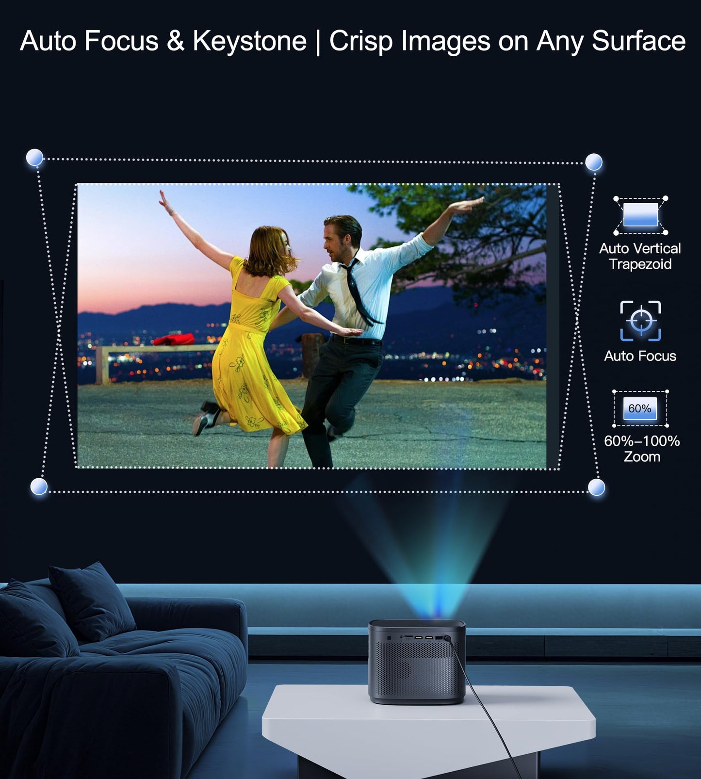 Miroir Miniproyector HD para el hogar con altavoz integrado, enfoque automático y corrección trapezoidal, portátil para películas al aire libre, compatible con smartphones y televisores.