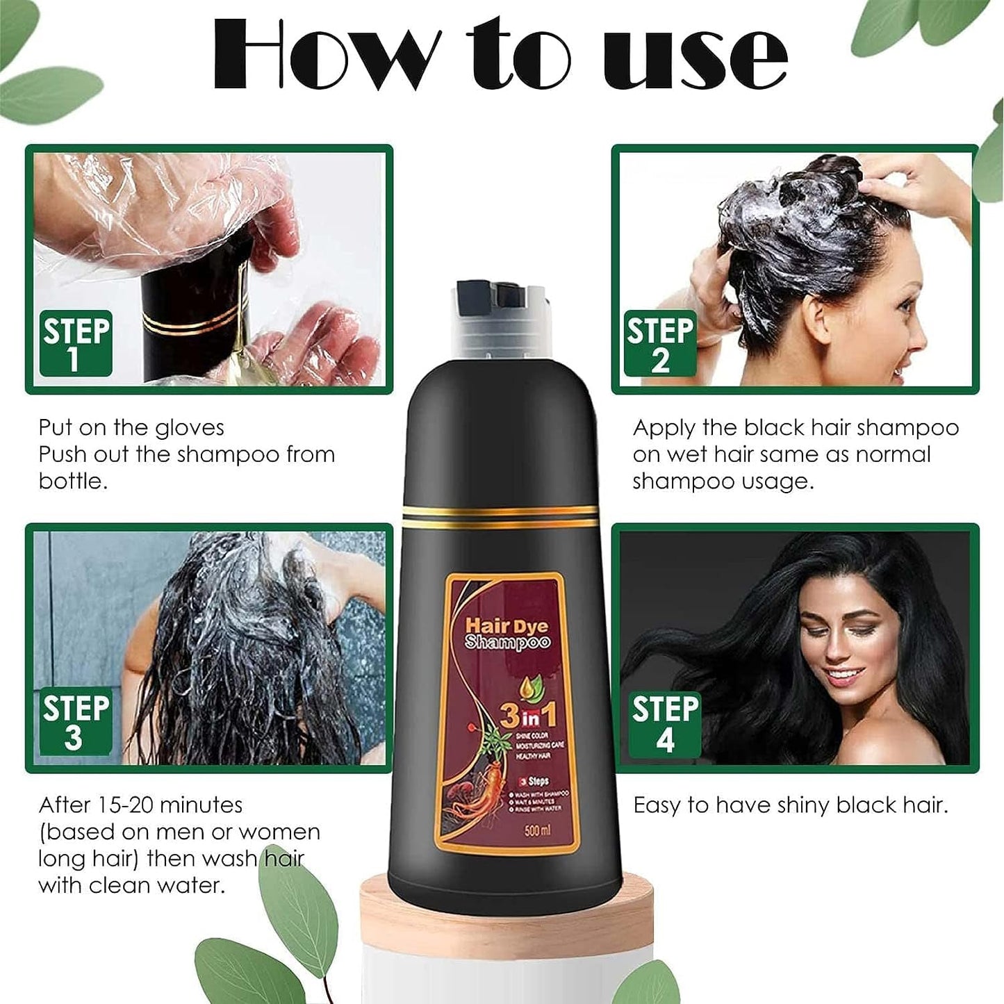 Black Instant Hair Color Shampoo for Gray Hair, 3 In 1 Black Hair Dye Shampoo, 100% Grey Coverage, Easy Hair Dye Shampoo