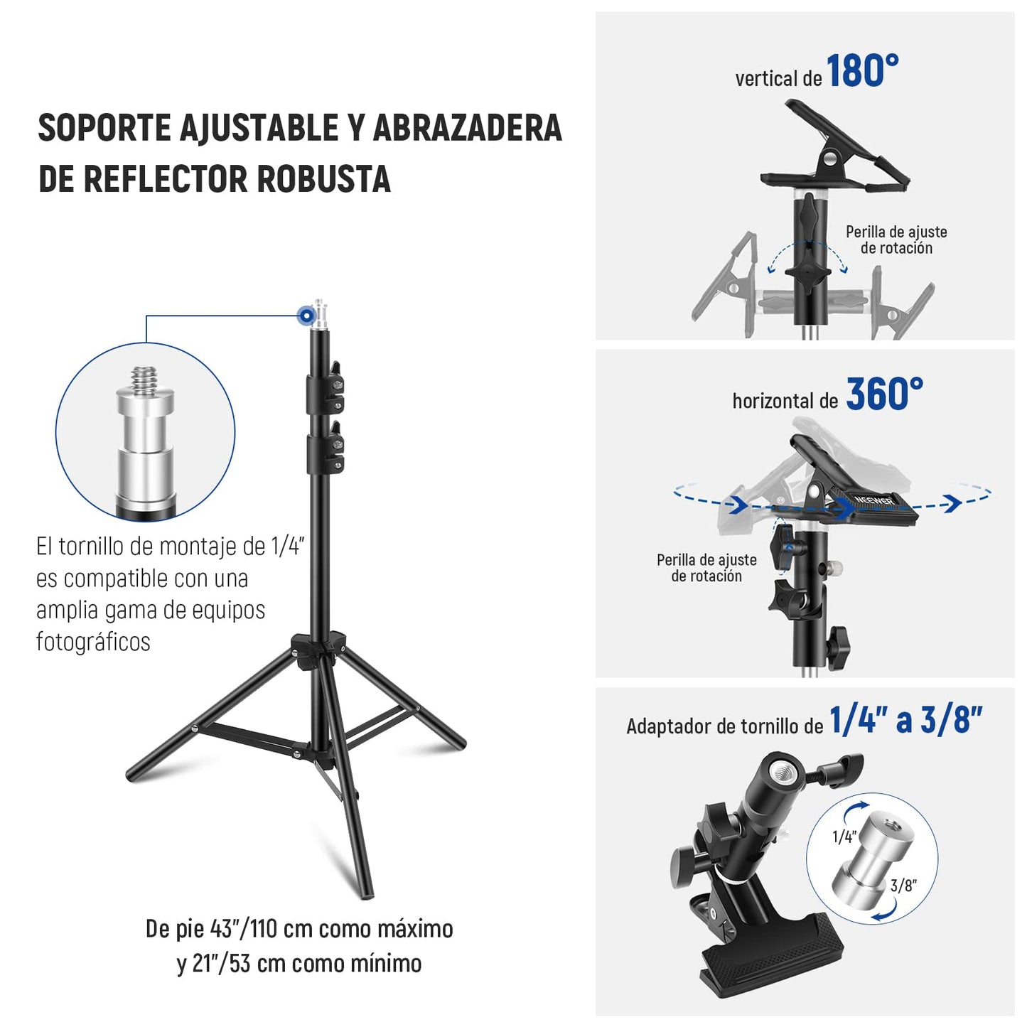 NEEWER Kit de Reflector de Luz de 43"/110cm, Reflector Redondo Plegable 5 en 1 (Translúcido/Plateado/Dorado/Blanco/Negro), Abrazadera de Metal y Soporte Corto de 21"-43"/53-110cm para Fotografía